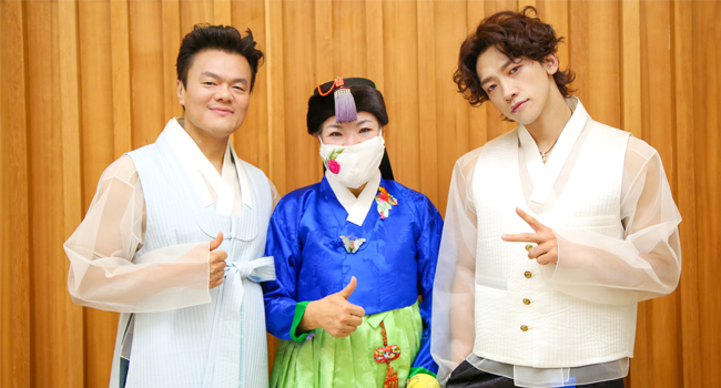 From left to right, singer Park Jin-young, Park Sul-nyeo and singer Rain